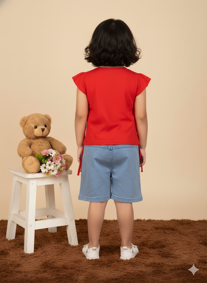 Girl Red Bunny Cotton T-Shirt & Denim Shorts Set