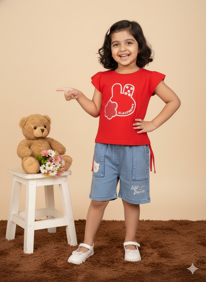 Girl Red Bunny Cotton T-Shirt & Denim Shorts Set