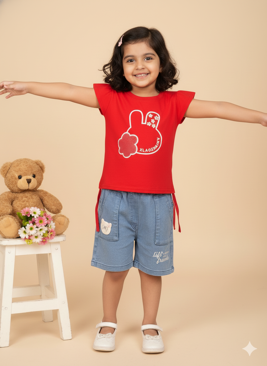 Girl Red Bunny Cotton T-Shirt & Denim Shorts Set