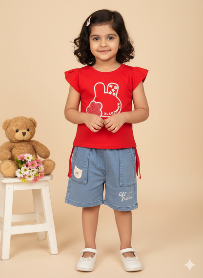 Girl Red Bunny Cotton T-Shirt & Denim Shorts Set