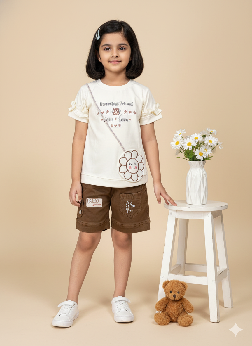 Girl Ruffle Sleeve Top and Cargo Shorts Co-ord Set