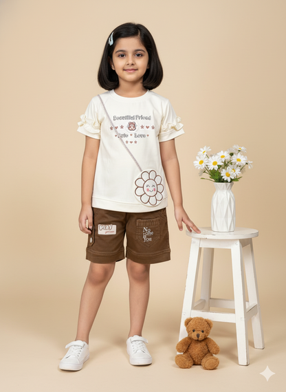 Girl Ruffle Sleeve Top and Cargo Shorts Co-ord Set