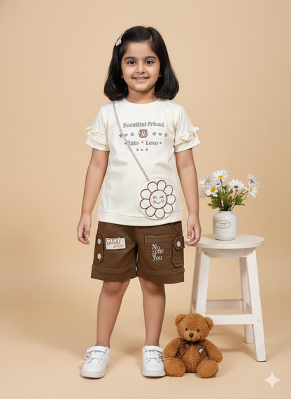 Girl Ruffle Sleeve Top and Cargo Shorts Co-ord Set