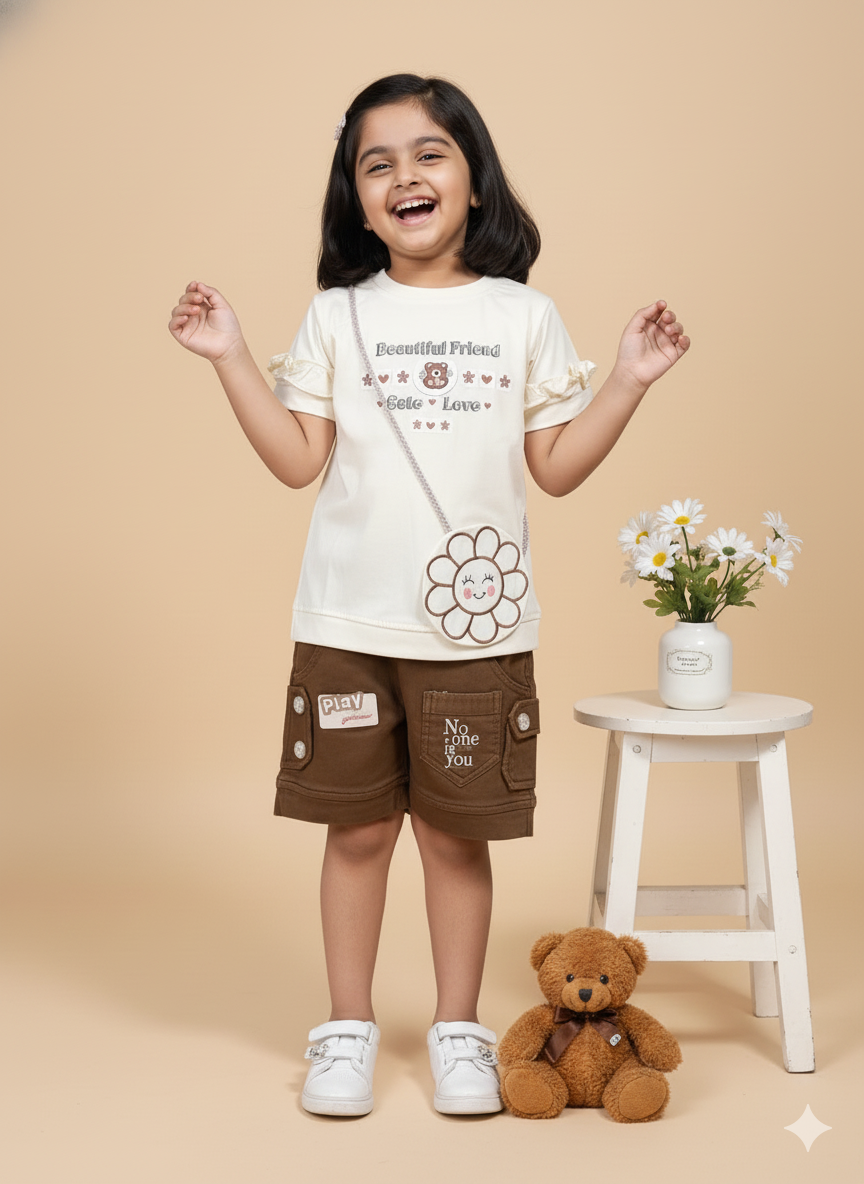 Girl Ruffle Sleeve Top and Cargo Shorts Co-ord Set