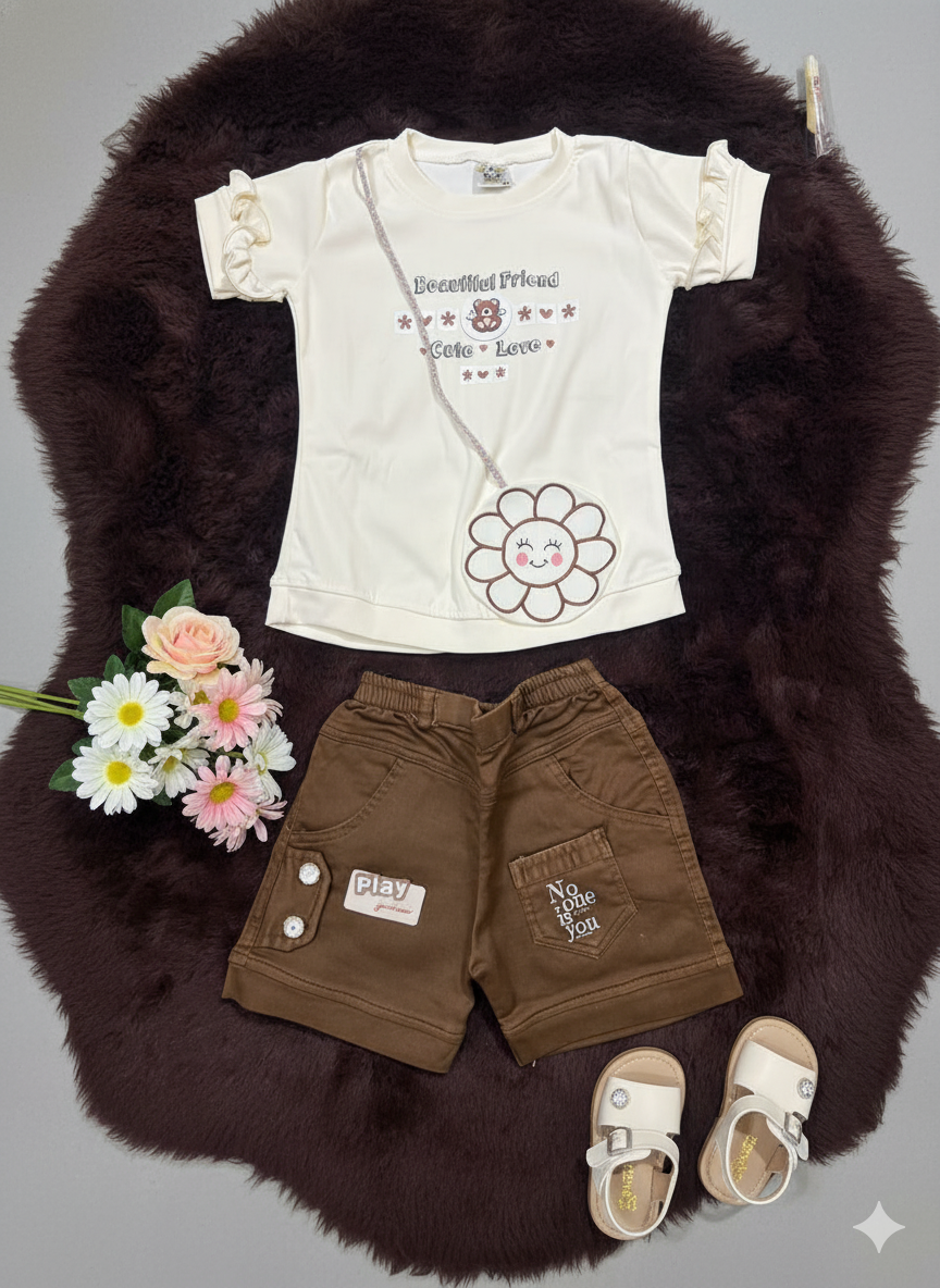 Girl Ruffle Sleeve Top and Cargo Shorts Co-ord Set