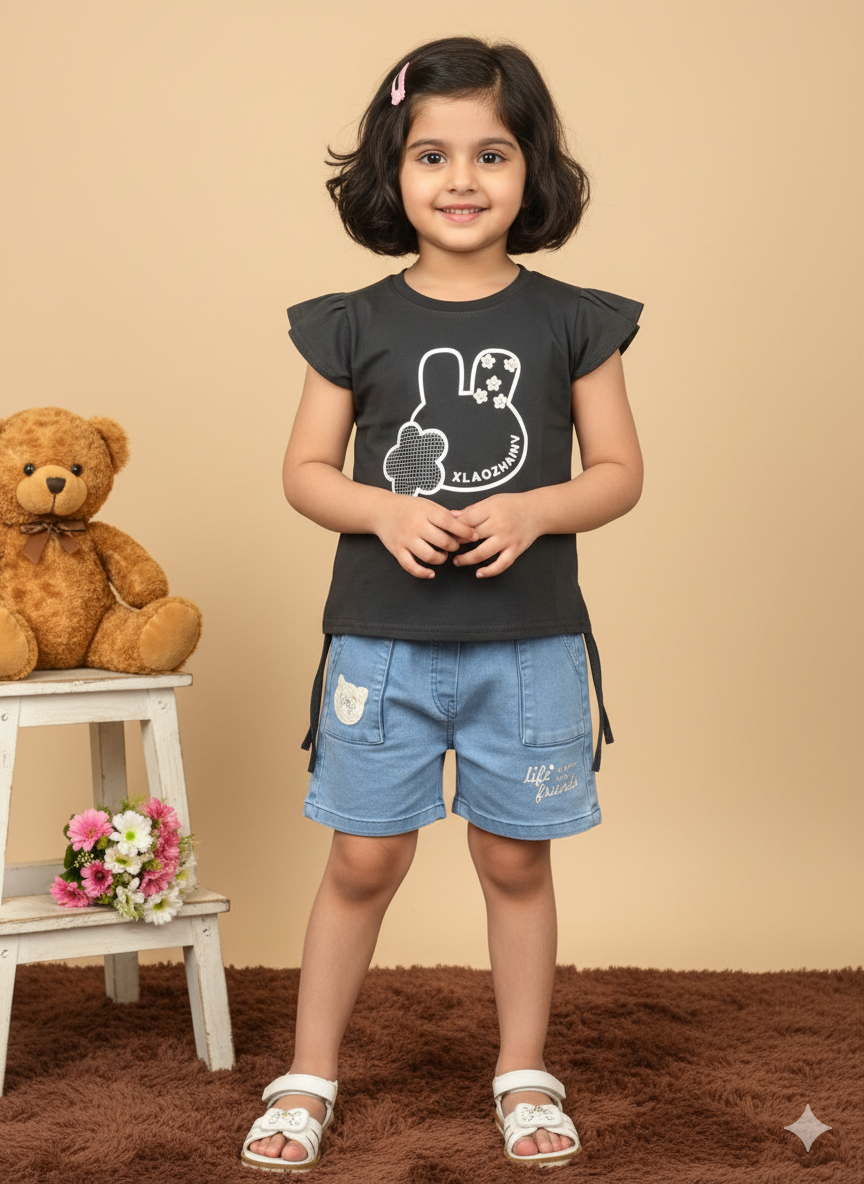 Girl Red Bunny Cotton T-Shirt & Denim Shorts Set