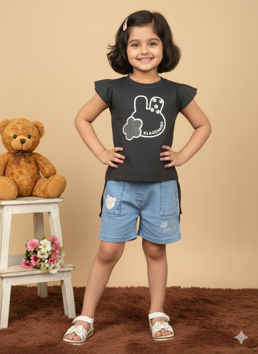 Girl Red Bunny Cotton T-Shirt & Denim Shorts Set