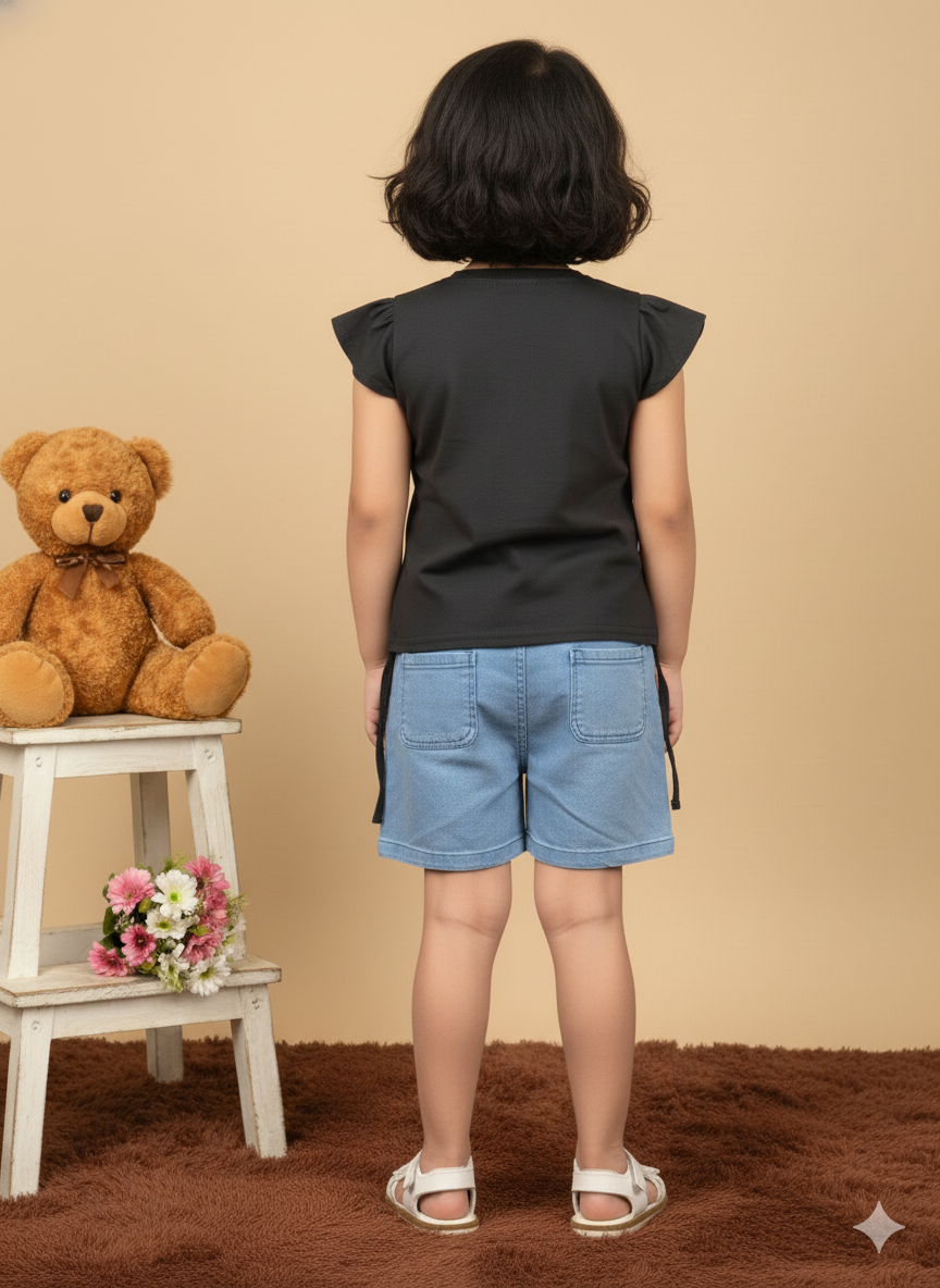 Girl Red Bunny Cotton T-Shirt & Denim Shorts Set