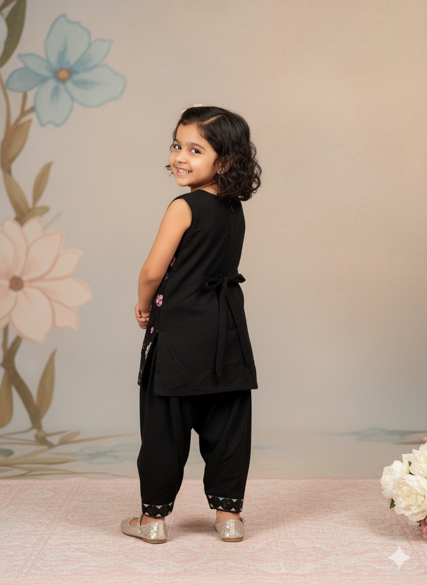 Girls' Black Sparkling Sequin & Floral Embroidery Kurti and Dhoti Pant Set