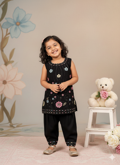 Girls' Black Sparkling Sequin & Floral Embroidery Kurti and Dhoti Pant Set