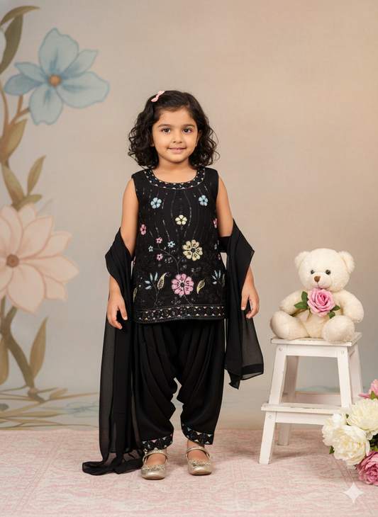 Girls' Black Sparkling Sequin & Floral Embroidery Kurti and Dhoti Pant Set