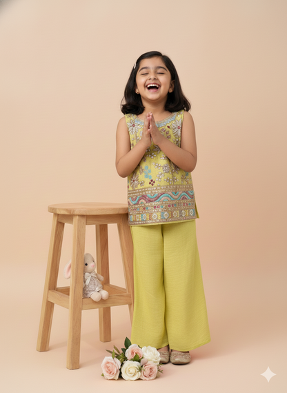 Girls' Lime Green Embroidered Sharara Suit Set