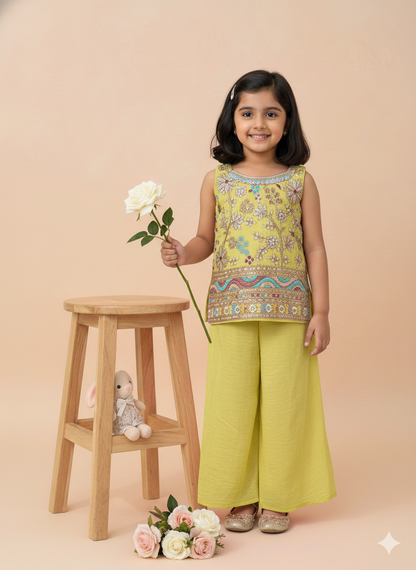 Girls' Lime Green Embroidered Sharara Suit Set