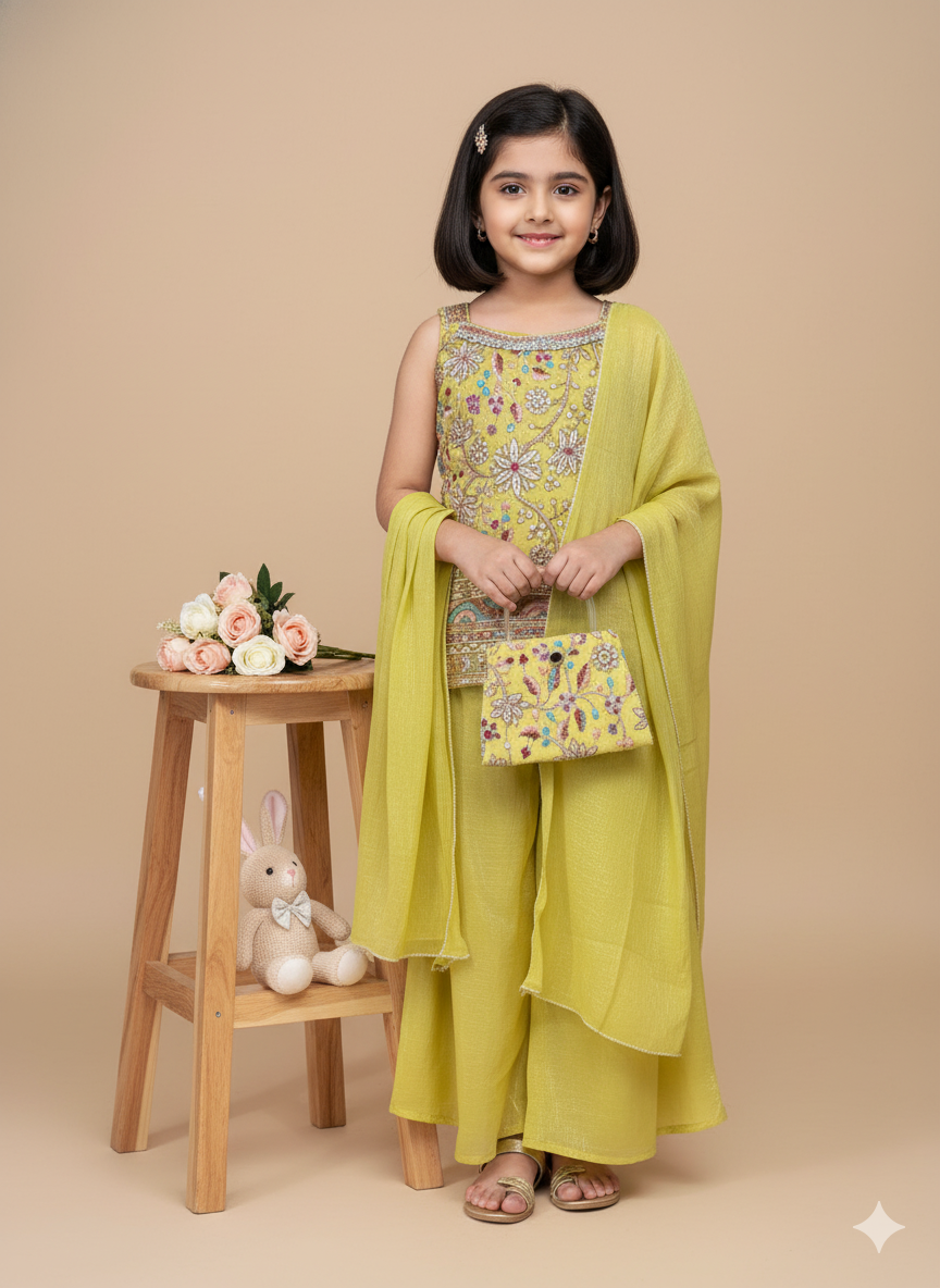 Girls' Lime Green Embroidered Sharara Suit Set