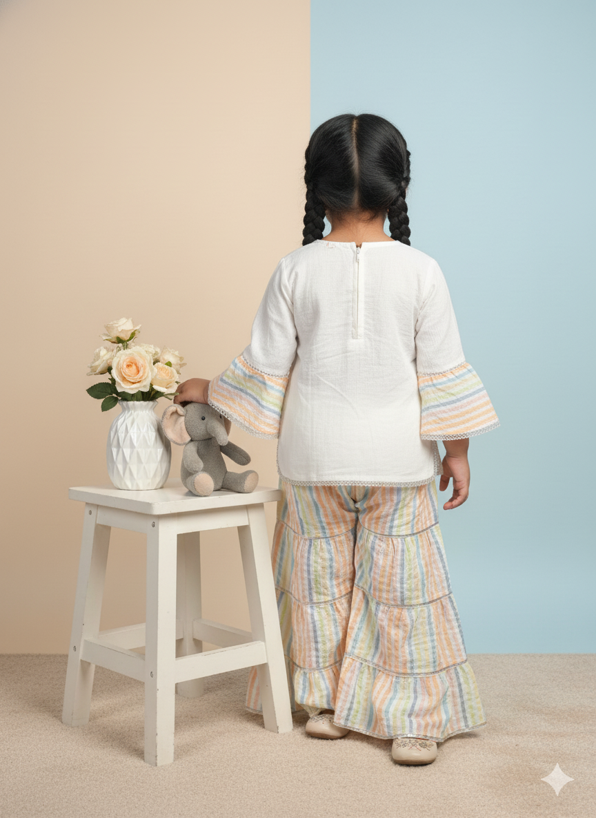 Girls' White Cotton Pastel Rainbow Sharara Set