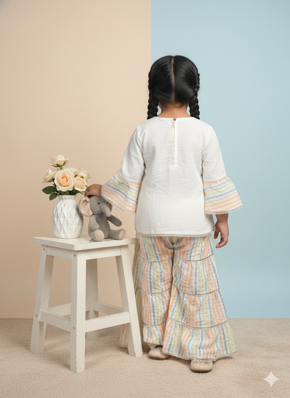 Girls' White Cotton Pastel Rainbow Sharara Set