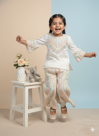 Girls' White Cotton Pastel Rainbow Sharara Set