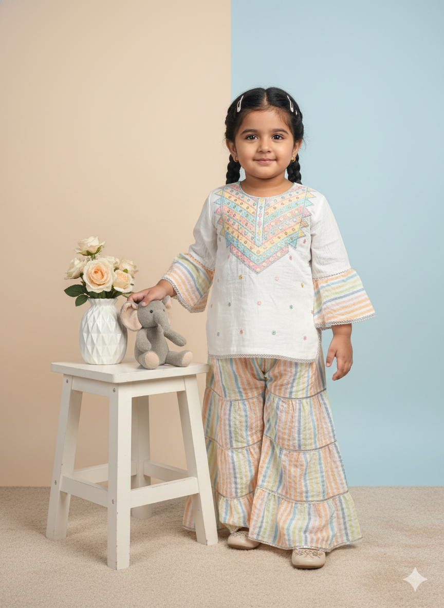 Girls' White Cotton Pastel Rainbow Sharara Set