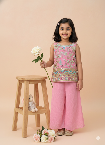 Girls' pink Embroidered Sharara Suit Set