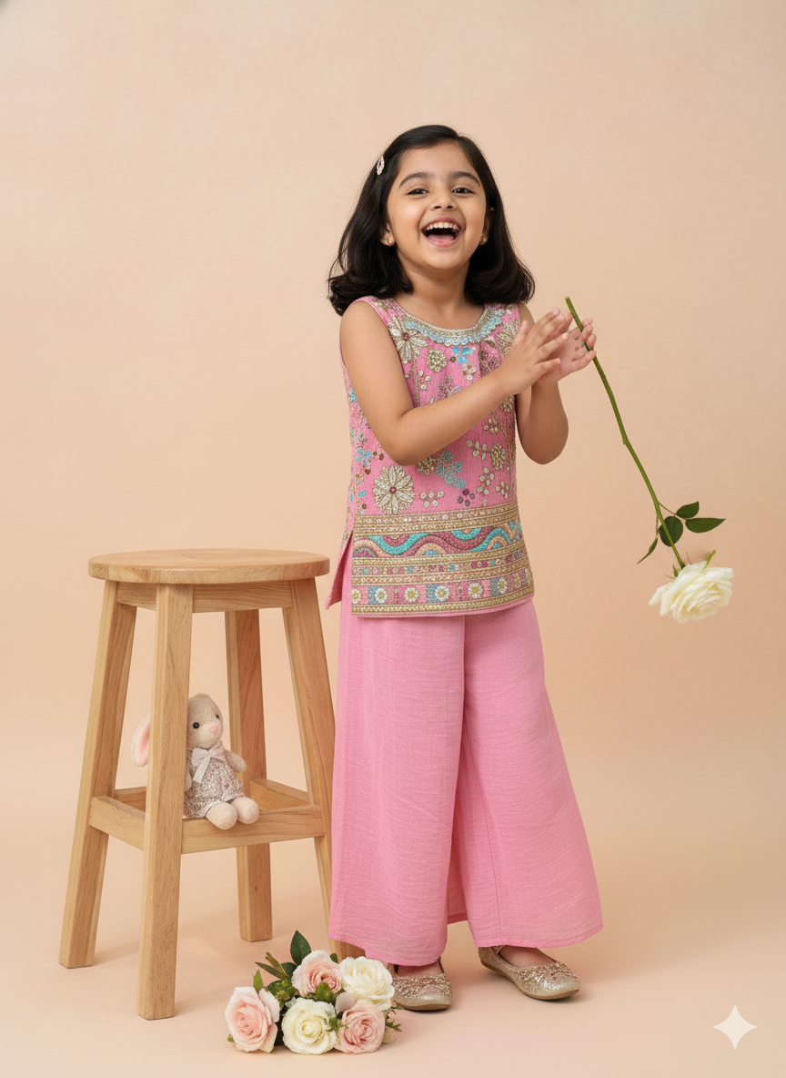 Girls' pink Embroidered Sharara Suit Set