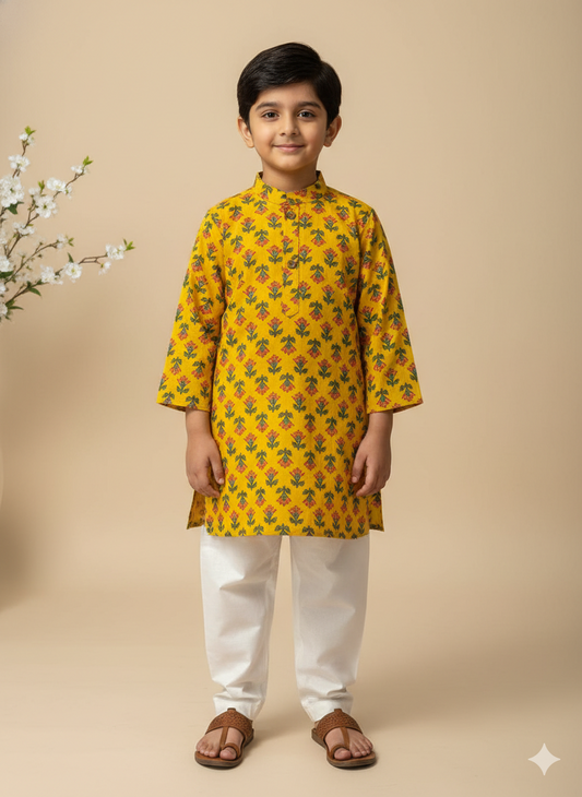 Kesari Bloom Yellow Kids Kurta Pajama Set