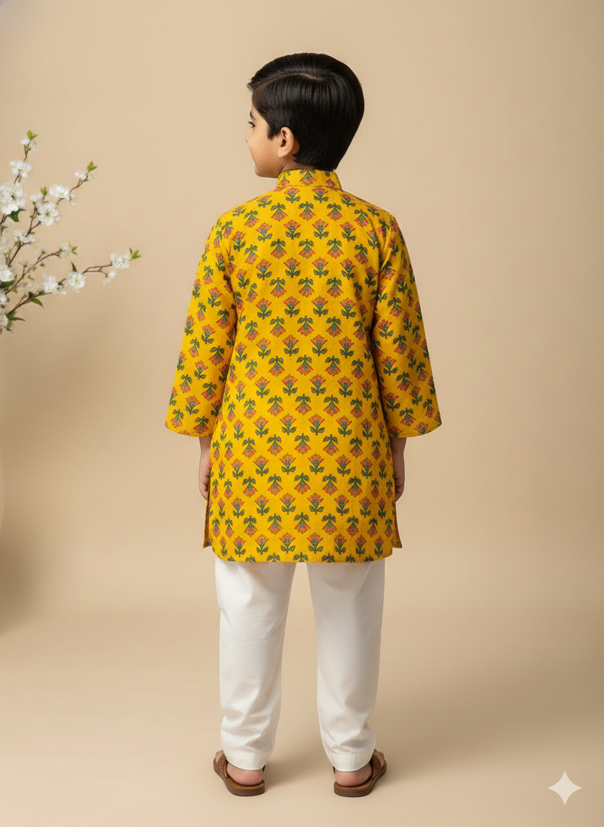 Kesari Bloom Yellow Kids Kurta Pajama Set