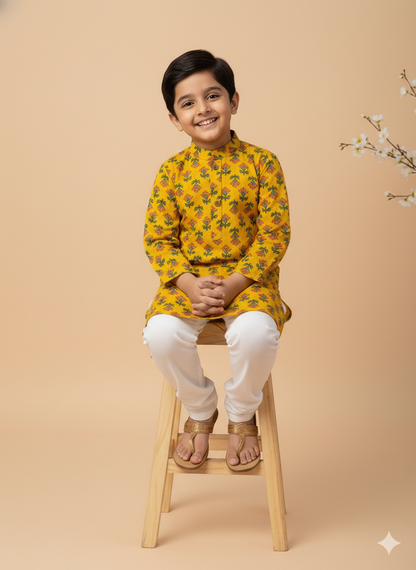 Kesari Bloom Yellow Kids Kurta Pajama Set