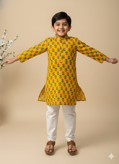 Kesari Bloom Yellow Kids Kurta Pajama Set