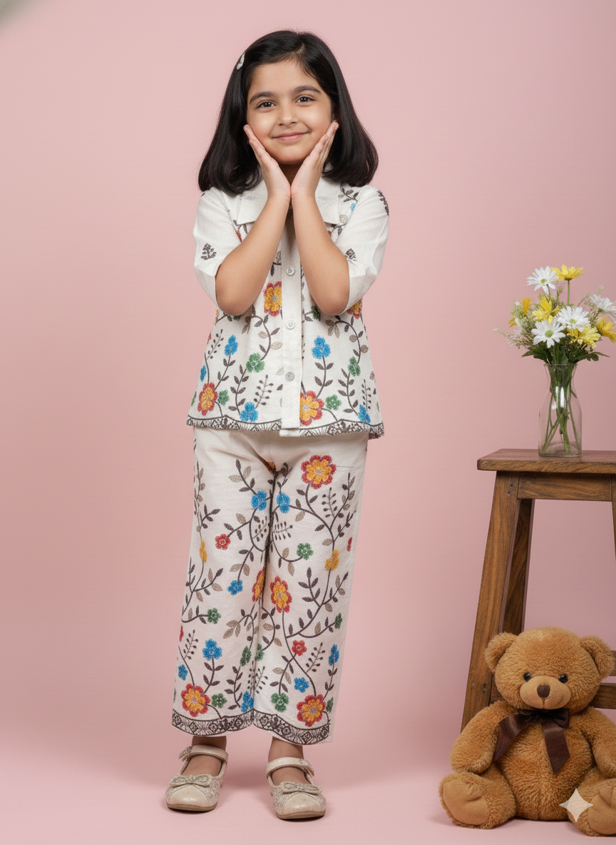 Premium Floral Embroidered Cotton Ethnic Fusion Set