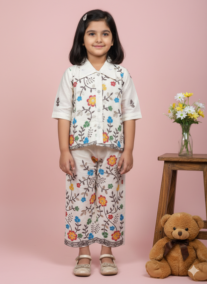 Premium Floral Embroidered Cotton Ethnic Fusion Set