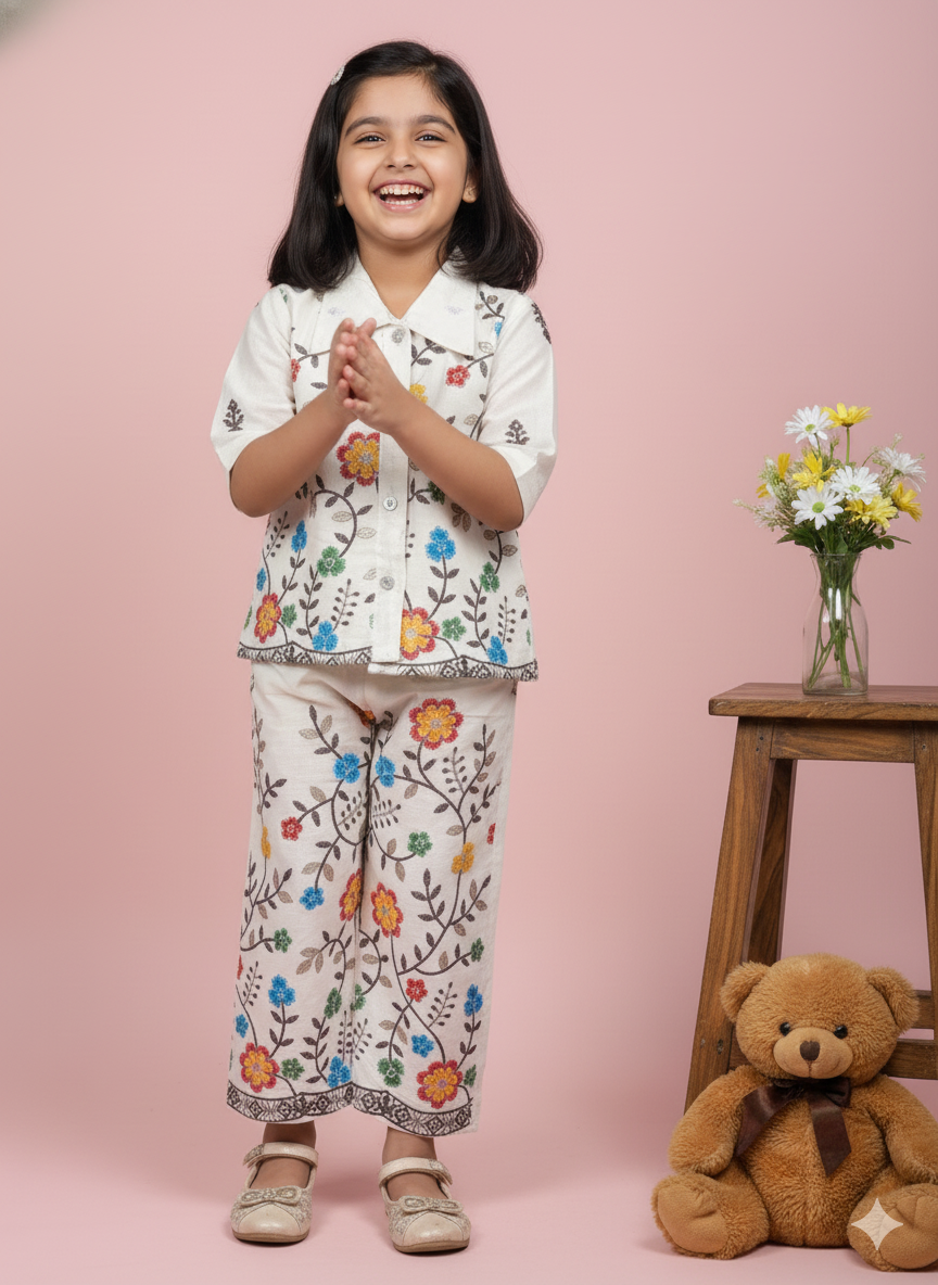 Premium Floral Embroidered Cotton Ethnic Fusion Set