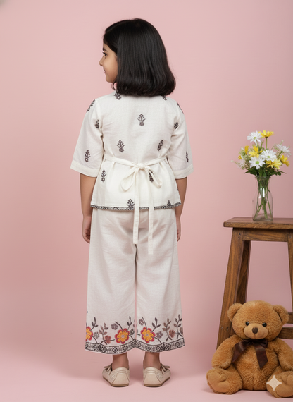 Premium Floral Embroidered Cotton Ethnic Fusion Set