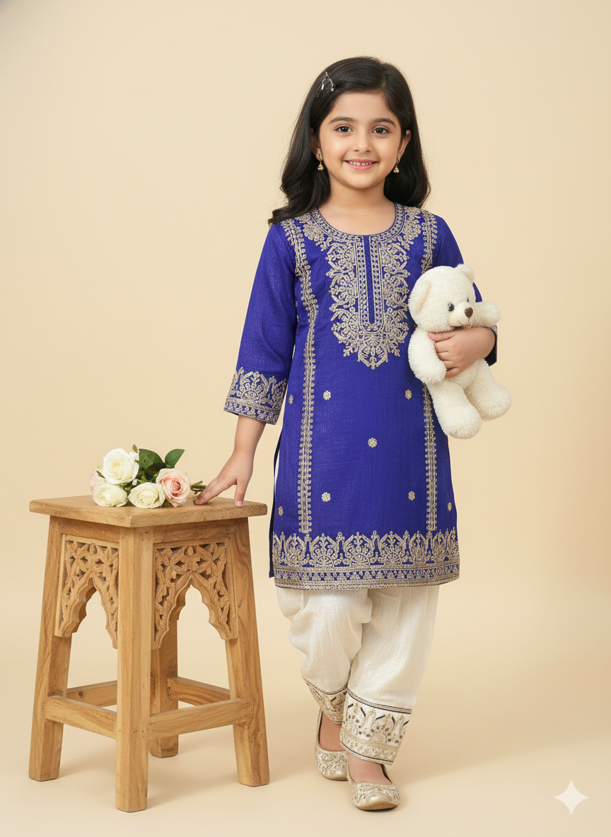 Girl's Blue & Gold Embroidered Salwar Kameez Set