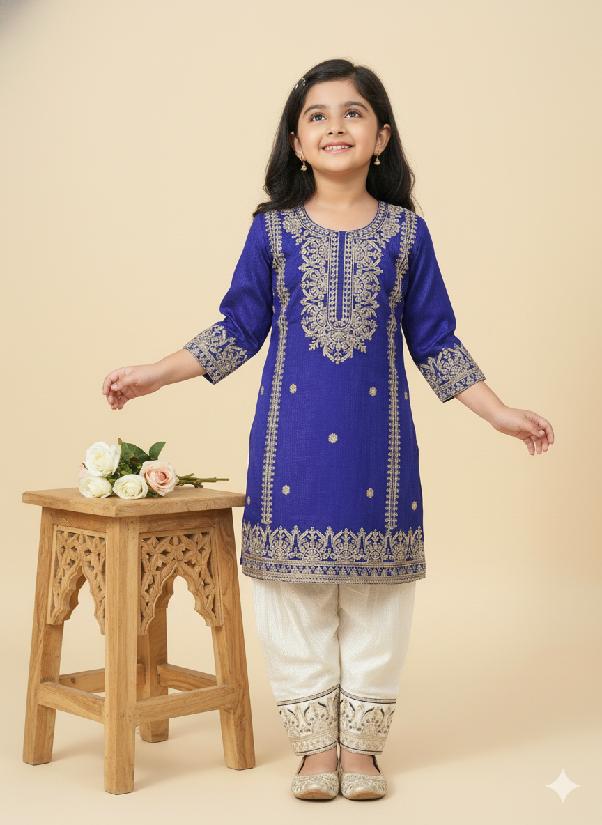 Girl's Blue & Gold Embroidered Salwar Kameez Set