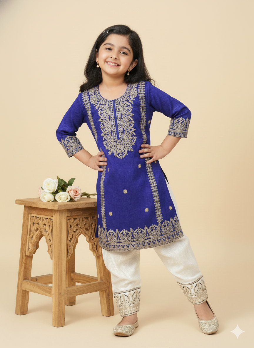 Girl's Blue & Gold Embroidered Salwar Kameez Set