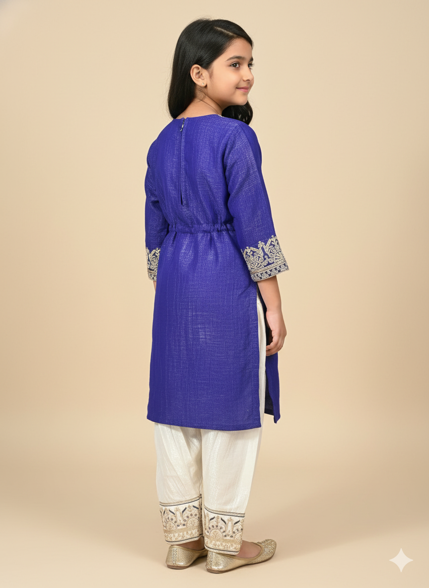 Girl's Blue & Gold Embroidered Salwar Kameez Set