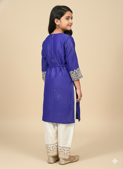 Girl's Blue & Gold Embroidered Salwar Kameez Set
