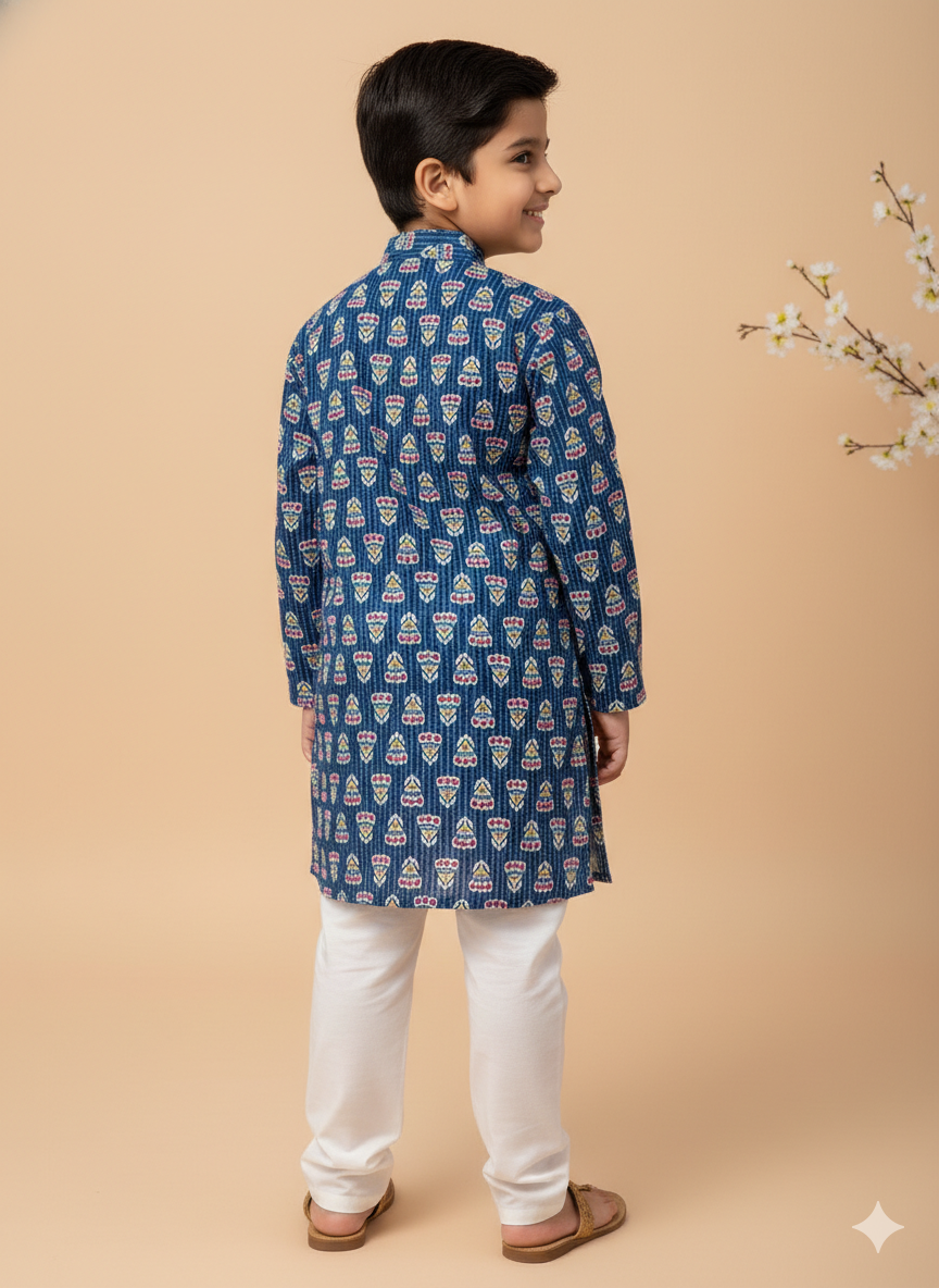 Royal Indigo Print Kids Kurta Pajama Set