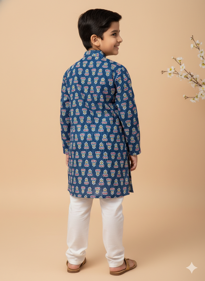 Royal Indigo Print Kids Kurta Pajama Set
