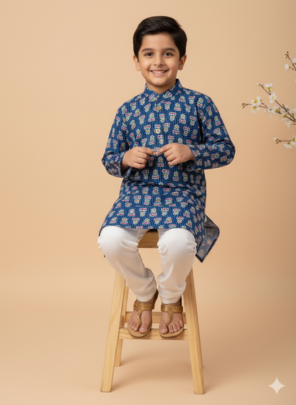 Royal Indigo Print Kids Kurta Pajama Set
