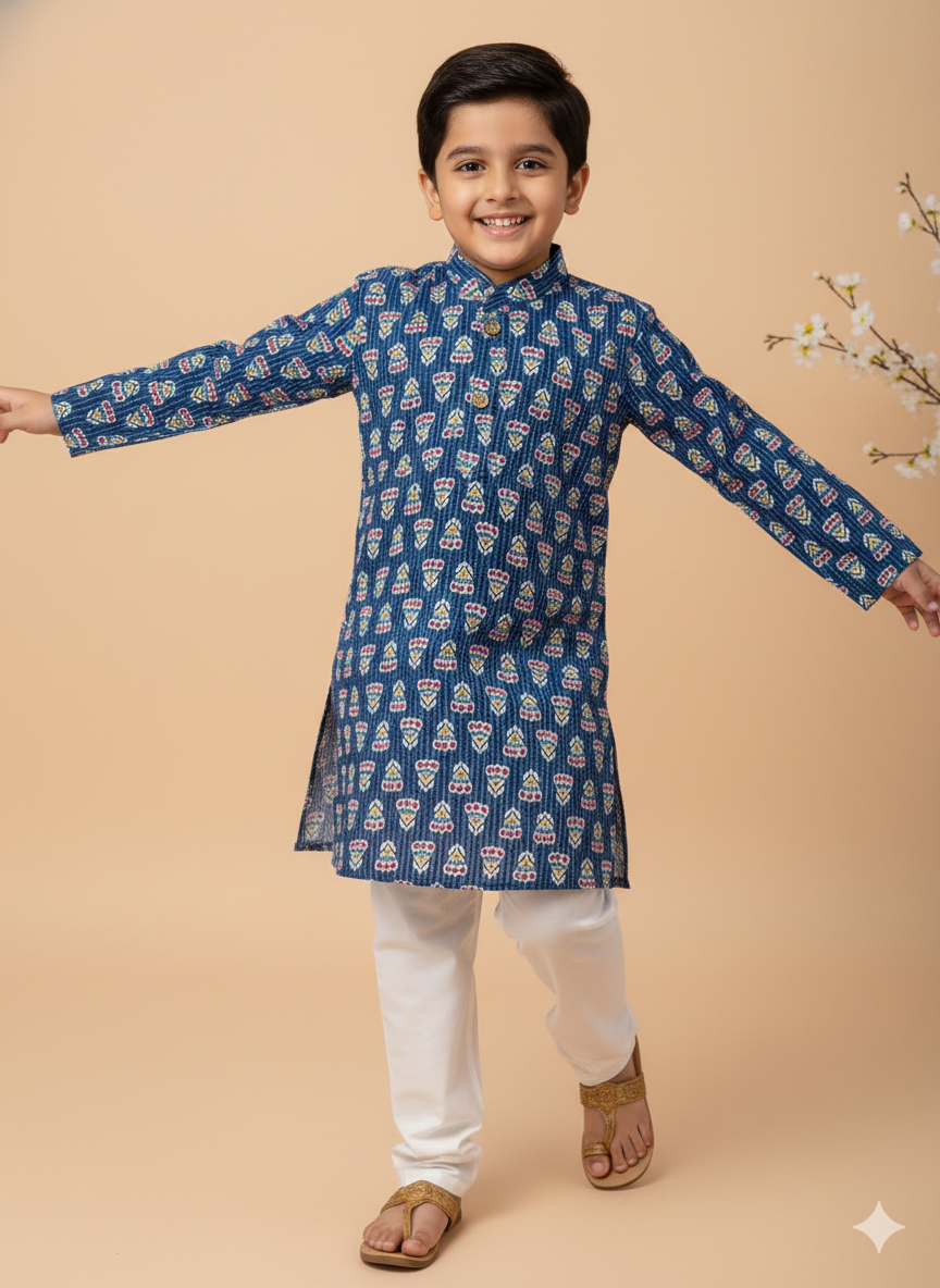 Royal Indigo Print Kids Kurta Pajama Set
