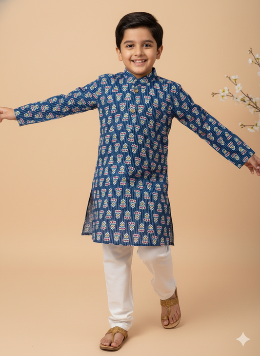 Royal Indigo Print Kids Kurta Pajama Set