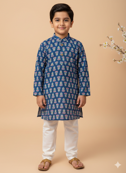Royal Indigo Print Kids Kurta Pajama Set