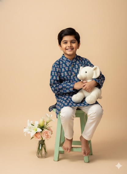Royal Indigo Print Kids Kurta Pajama Set
