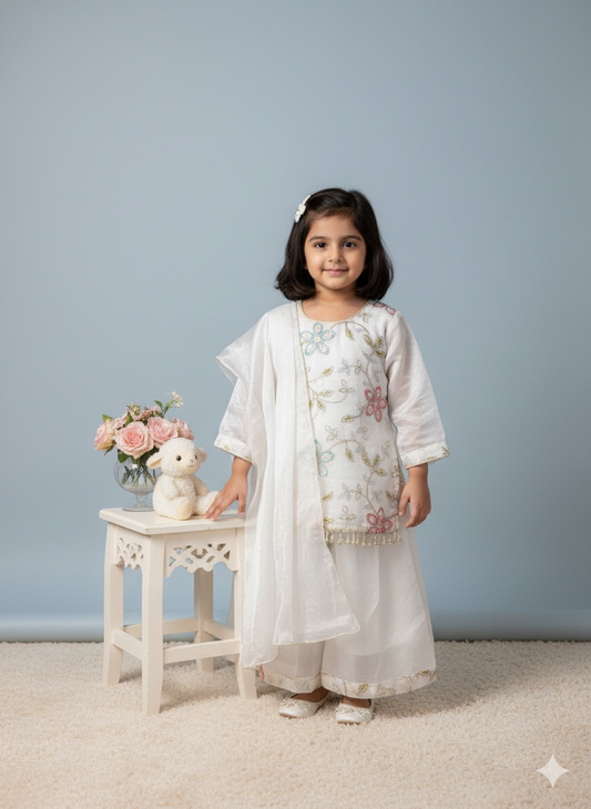 White Organza Floral Embroidered Sharara Set