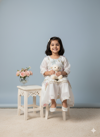 White Organza Floral Embroidered Sharara Set
