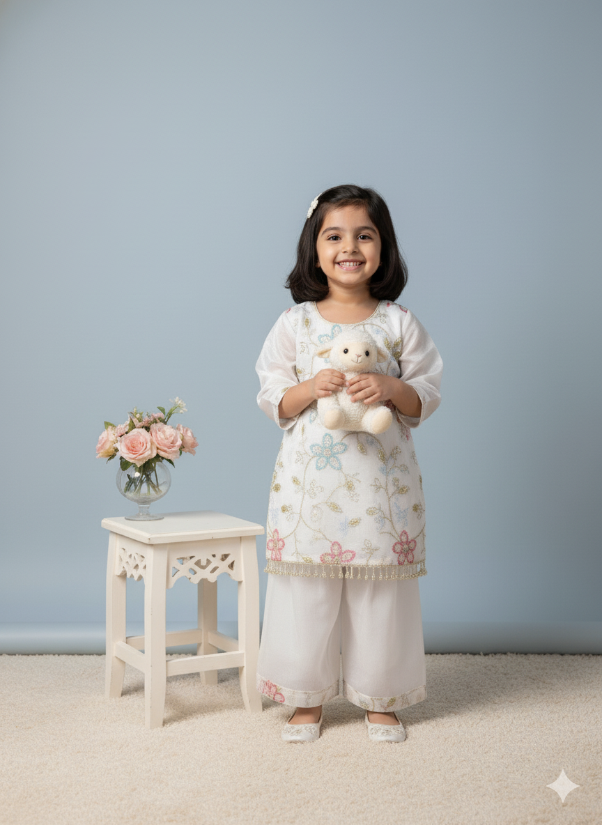 White Organza Floral Embroidered Sharara Set