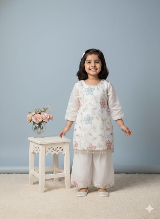 White Organza Floral Embroidered Sharara Set