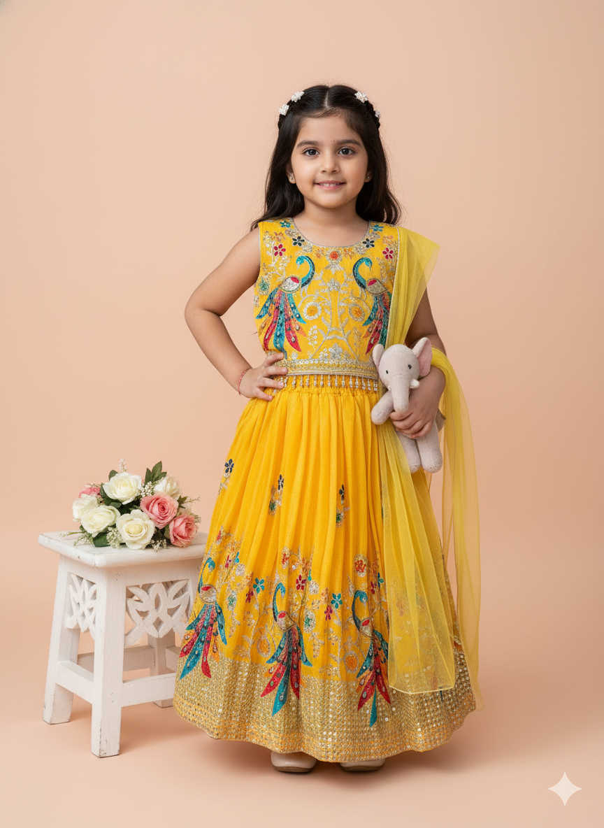 Yellow Peacock Lehenga Choli Set